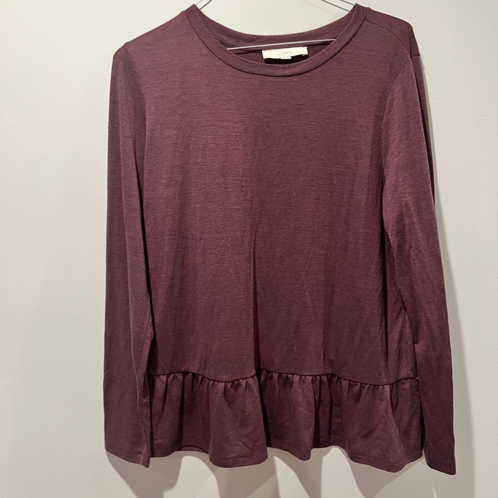LOFT Deep Purple Long Sleeve Ruffle Top